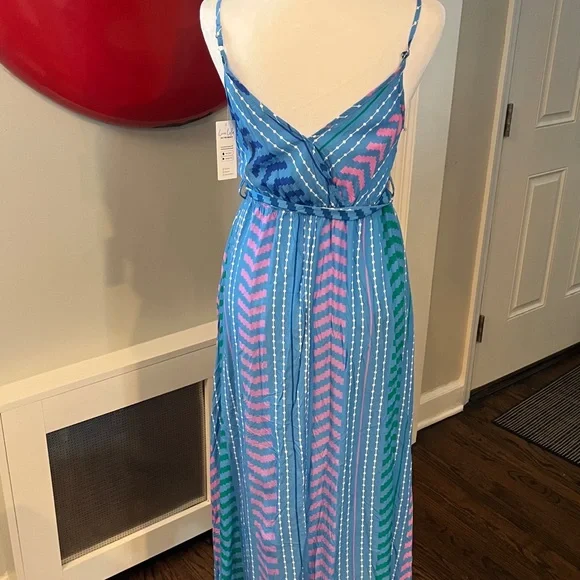 NWT Cupshe Moonlit Stroll Boho Blue & Pink Striped Maxi Wrap Dress Coverup, S - Picture 7 of 7